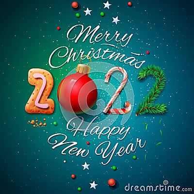 Merry Christmas and Happy New Year 2022 greeting card Vector Illustration