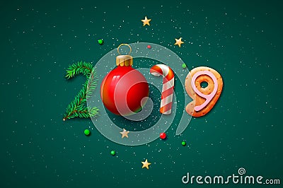 Merry Christmas and Happy New Year 2019 greeting card, vector illustration. Vector Illustration