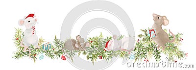 Merry Christmas and happy new year greeting card vintage frame. Retro frame, wreath with decoration and white mouses. Symbol Stock Photo