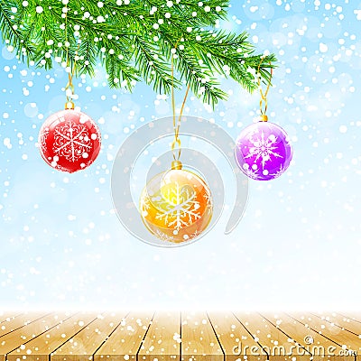 Merry Christmas and Happy New Year greeting card. Winter background with fir branches, colorful balls and wood table top. Vector Vector Illustration