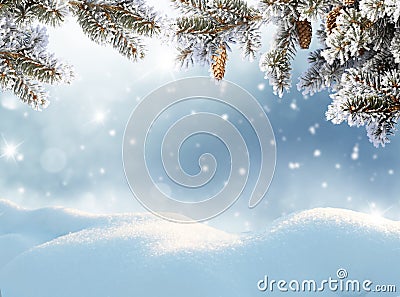 Merry Christmas and happy new year greeting card. Winter landscape with snow . Stock Photo