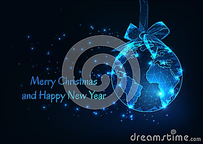 Merry Christmas and Happy New Year greeting card with world globe as a hanging ball and ribbon bow. Vector Illustration