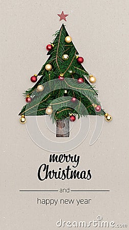 Merry Christmas and happy new year greetings in vertical top view cardboard with natural eco decorated christmas tree Stock Photo