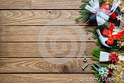 Merry Christmas and Happy new year handy construction tools back Stock Photo