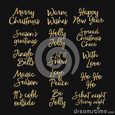 Merry Christmas, Happy New year and happy holidays creative lettering. Gold letters isolated on black background. Designed for web Vector Illustration