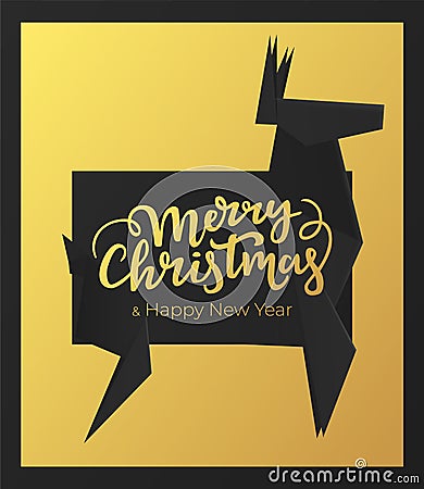 Merry Christmas and Happy New Year holidays card design. Winter postcard with black premium paper frame and background of gold foi Vector Illustration