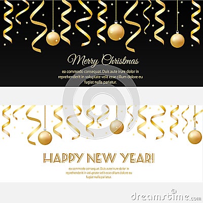 Merry Christmas, happy new year horizontal banners with golden streamers and baubles Vector Illustration