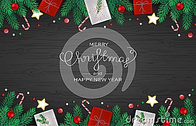 Merry Christmas and Happy New Year horizontal Web Banner Template. Festive Decoration with fir branches, gifts, candy cane Vector Illustration