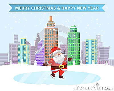 Merry Christmas Happy New Year Ice-Skating Santa Vector Illustration