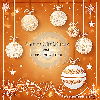 Merry Christmas and Happy New Year illustration. golden Christmas ball, snowflake, glitter Cartoon Illustration