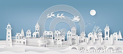 Merry Christmas and Happy New Year. Illustration of Santa Claus on the sky coming to City ,paper art and craft style Vector Illustration
