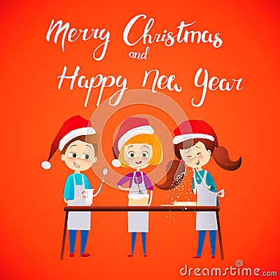 Merry Christmas Happy New Year Kids cooking xmas dinner. Cartoon vector characters. Cute childs in red holiday claus Vector Illustration