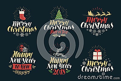 Merry Christmas and Happy New Year, label set. Xmas icons or logos. Lettering vector illustration Vector Illustration