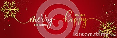 Merry Christmas and Happy New year lettering, with gold 3D snowflakes on red background. Vector Illustration
