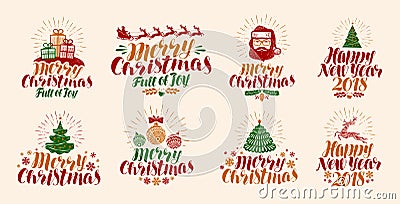 Merry Christmas and Happy New Year, lettering. Xmas, yuletide, holiday label set or icons. Calligraphy vector Vector Illustration