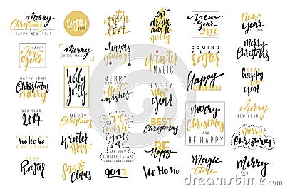 Merry Christmas, Happy New Year 2017 luxury calligraphy emblems set. Vector Illustration