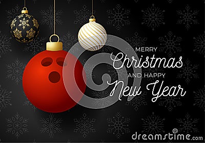 Merry Christmas and Happy New Year luxury Sports greeting card. Bowling ball as a Christmas ball on black background. Vector Vector Illustration