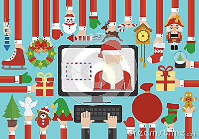 Merry Christmas, Happy New Year modern design flat online sending letter with Santa Claus Vector Illustration