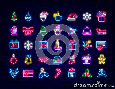 Merry Christmas and Happy New Year neon icons collection. Deer, candle and Santa Claus. Vector stock illustration Vector Illustration