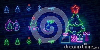 Merry Christmas and 2019 Happy New Year neon sign with snowflakes, hanging christmas ball. Neon design for xmas, new year emblem, Stock Photo