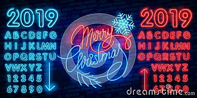 Merry Christmas and 2019 Happy New Year neon sign with snowflakes, hanging christmas ball Stock Photo