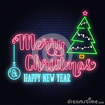 Merry Christmas and Happy New Year neon sign.with Christmas tree. Vector illustration. Vector Illustration
