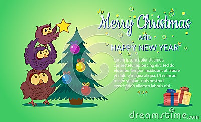 Merry Christmas and happy New Year,The owl family decorates the tree,vector illustration. Vector Illustration