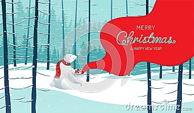 Merry Christmas, happy new year, Polar Bear, landscape winter Vector Illustration