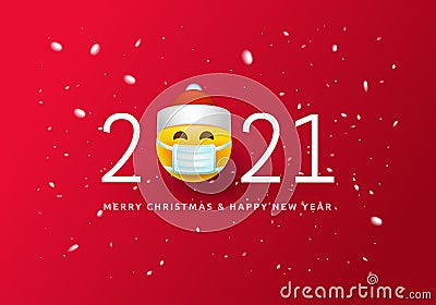 Merry Christmas and Happy New Year Poster or banner with Symbol smiling emoji santa in Medical Mask and numbers 2021 for Vector Illustration