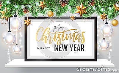 Merry Christmas and happy New Year poster with christmas holiday decorations. Chrisrmas background with string of lights. Vector Illustration