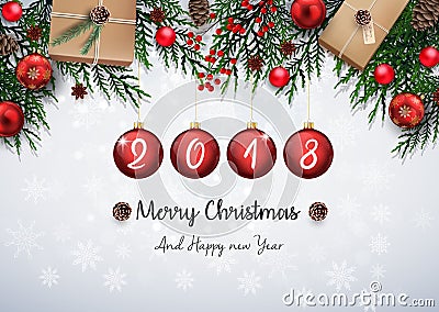 Merry christmas and happy new year 2018 with red christmas balls and fir branches Vector Illustration