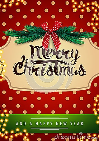 Merry Christmas and Happy New Year, red postcard with garland, red polka dot texture on background, vintage frame, christmas tree Stock Photo