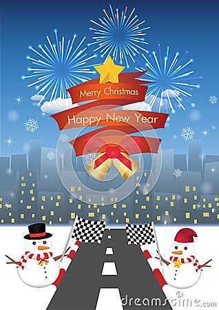 Merry christmas and happy new year on a red ribbin and Snowman with road to night city background Stock Photo