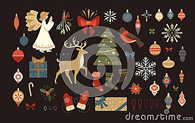 Merry Christmas and Happy New Year Retro Elements. Christmas Balls, Angel, Deer, Socksm Snowflakes, Gifts, Christmas Trees Vector Illustration