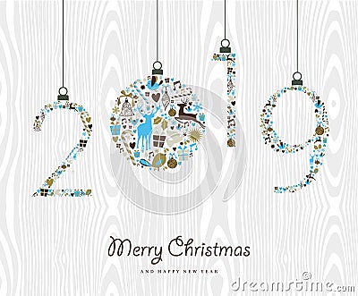 Merry Christmas Happy new year 2019 retro ornament Vector Illustration