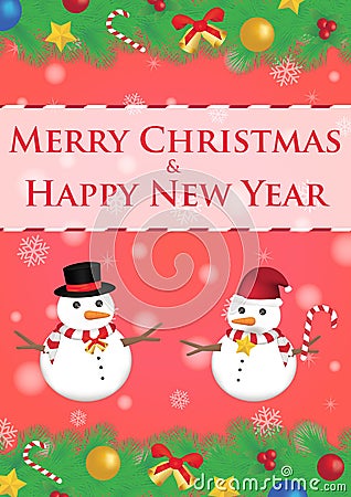 Merry christmas and happy new year ribbin with snowman and snow light bokeh background Stock Photo