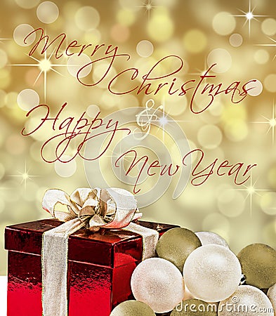 Christmas & New Years card with text and gift box. Stock Photo