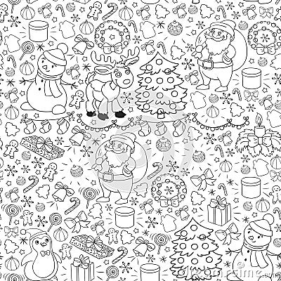 Merry Christmas and happy new year. Santa Claus, deer, snowman, penguin. Vector pattern. Vector Illustration