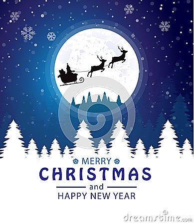 Merry Christmas and happy new year. Santa Claus in the moon. blue background Vector Illustration