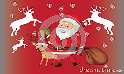 Merry Christmas and Happy New Year. Santa Claus's reindeer with a sack of gifts in Christmas snow. Vector Illustration