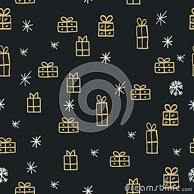 Merry Christmas and Happy New Year seamless background with traditional symbols: snowflakes and gifts Vector Illustration