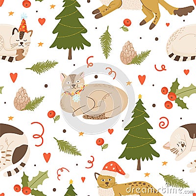 Merry Christmas and Happy New Year seamless pattern with cute cats and floral elements. Vector Illustration