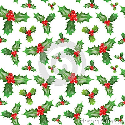 Merry Christmas and Happy New Year Seamless Pattern with Holly Berries. Winter Holidays Wrapping Paper Vector Illustration