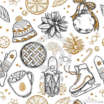 Merry Christmas and Happy New Year Seamless Pattern. Vector hand drawn winter elements . Print Vector Illustration