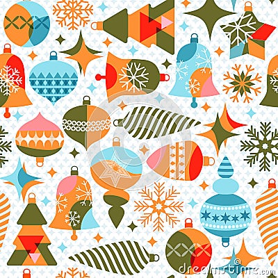 Merry Christmas and Happy New Year seamless pattern. Xmas minimal pattern design with festive trees with balls and other Vector Illustration