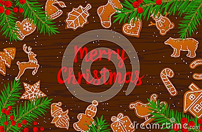 Merry Christmas and Happy New Year seasonal winter card background gingerbread cookies on wooden texture table Vector Illustration