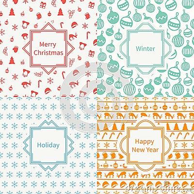 Merry Christmas and Happy New Year 2017 set. Christmas season hand drawn seamless pattern. Vector illustration. Doodle Vector Illustration