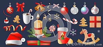 Christmas and Happy New Year Set. Collection of Party Objects and Decorations. Isolated Vector illustration. Vector Illustration