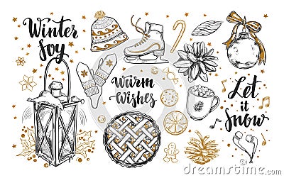 Merry Christmas and Happy New Year set. Vector hand drawn winter elements and Modern brushpen Calligraphy. Winter Joy. Let it snow Vector Illustration