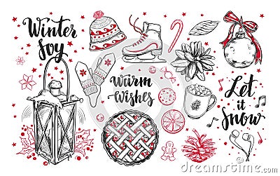 Merry Christmas and Happy New Year set. Vector hand drawn winter elements and Modern brushpen Calligraphy. Winter Joy. Let it snow Vector Illustration